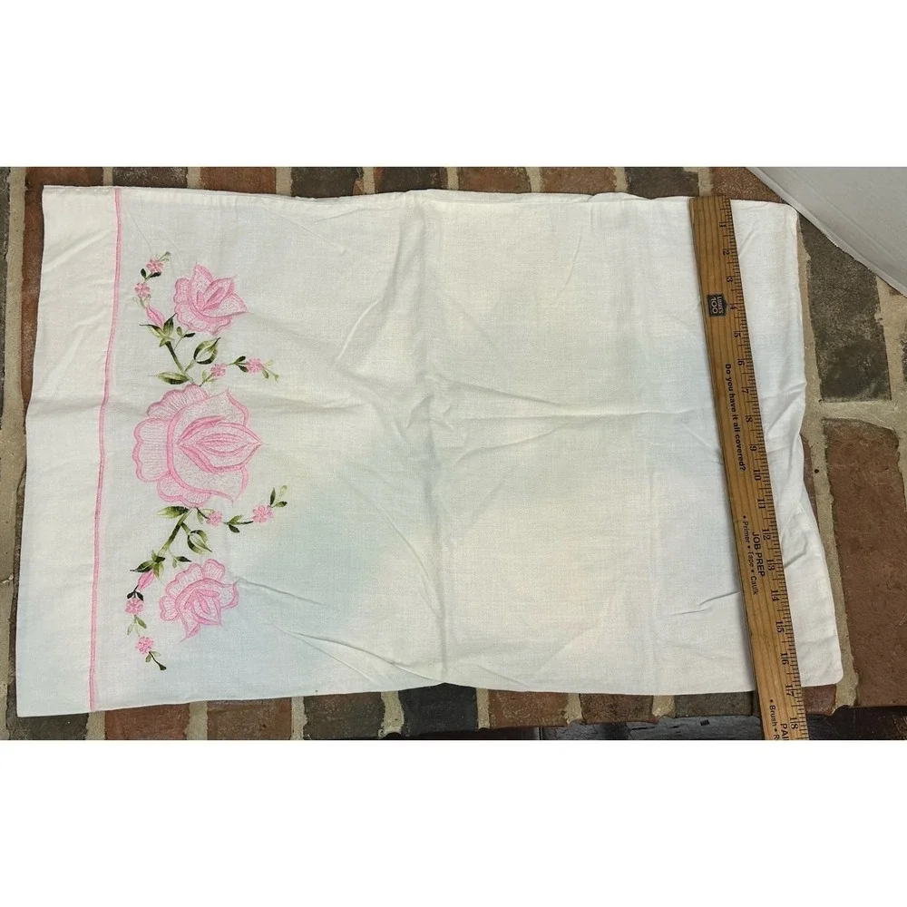 2 Vintage Standard Cotton Pillowcases Hand Embroidered Pink Flowers Rose & Pansy